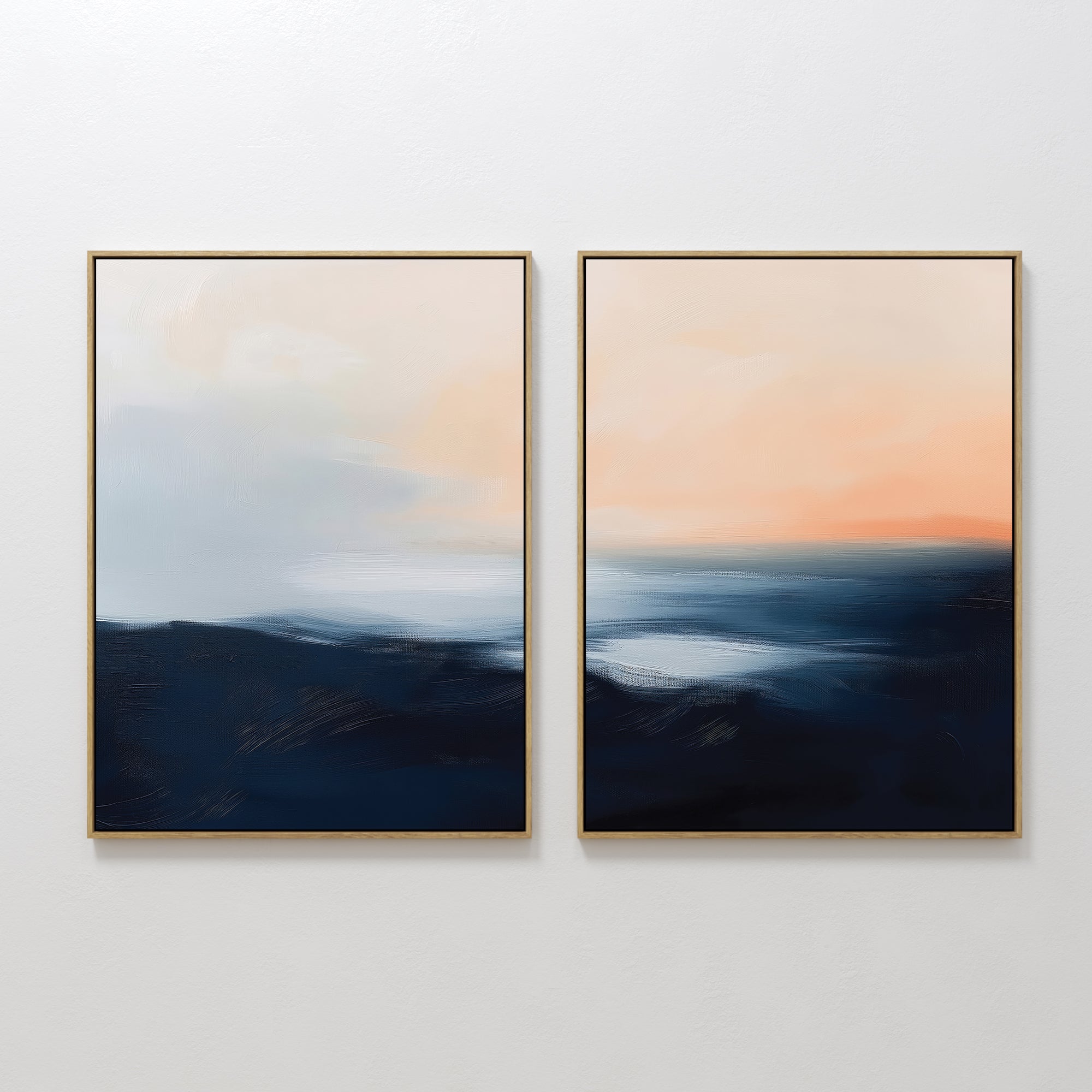 Original hand painted navy blue blush peach abstract ocean diptych oil painting canvas wall art, nordic scandinavian elegant luxury modern coastal hom