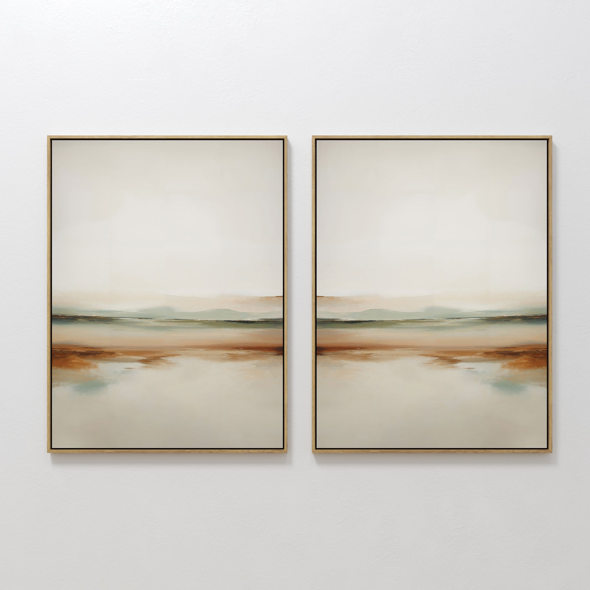 Original hand painted amber ivory sage coastal landscape oil painting diptych canvas wall art, nordic scandinavian elegant luxury minimalist modern li