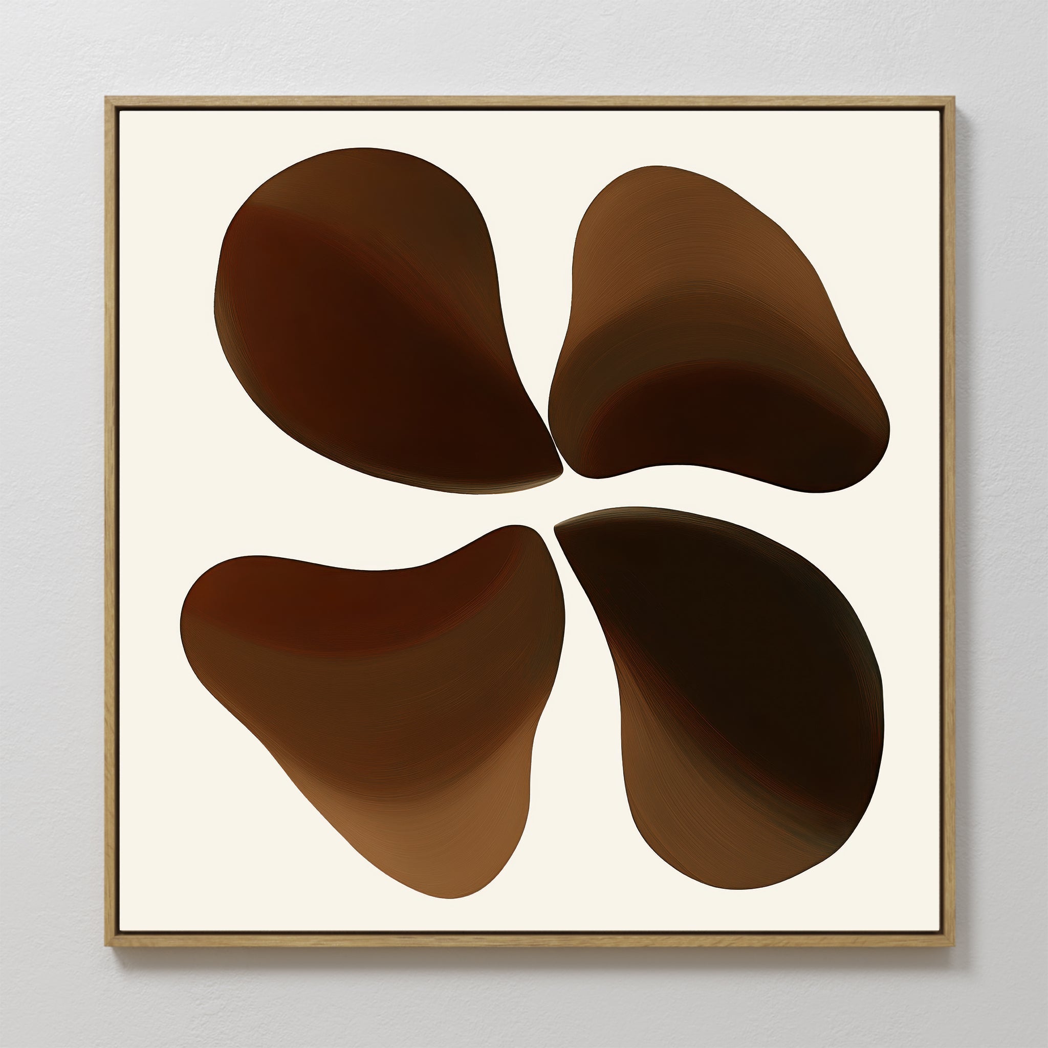 Original hand painted deep chocolate brown four-petal organic bloom oil painting canvas wall art, nordic scandinavian elegant luxury minimalist modern