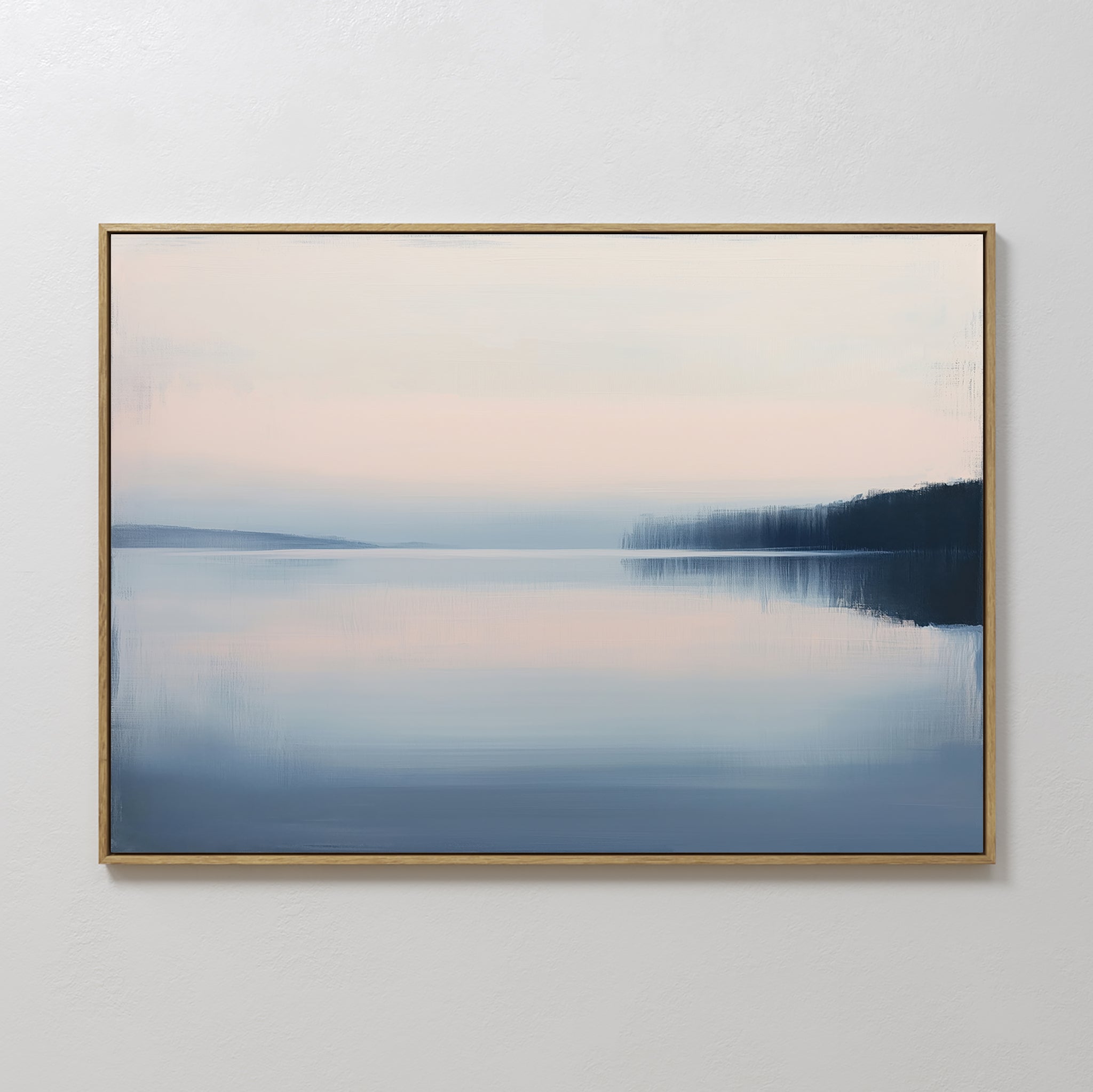 Original hand painted blush pink steel blue misty lake oil painting canvas wall art, nordic scandinavian elegant luxury minimalist modern home decor i