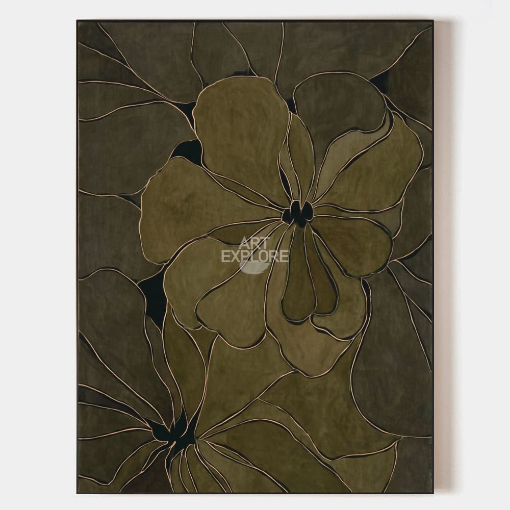 Original hand painted olive green abstract botanical floral oil painting canvas wall art, nordic scandinavian minimalist elegant luxury