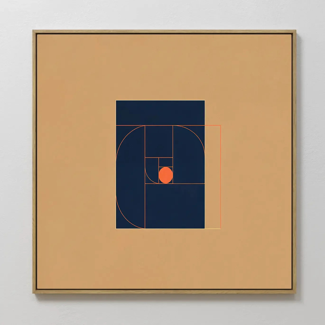 Hand painted original navy blue orange geometric golden ratio spiral oil painting canvas wall art, nordic scandinavian elegant luxury modern home deco