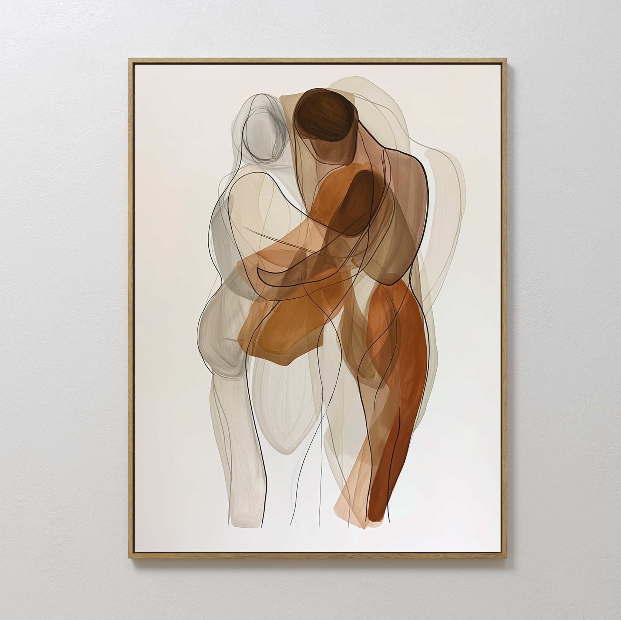 Original hand painted sienna rust terracotta abstract embracing figures oil painting canvas wall art, nordic scandinavian elegant luxury modern home d