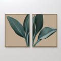 Original hand painted teal dark green botanical leaf oil painting canvas wall art set of 2, nordic scandinavian elegant luxury modern minimalist home
