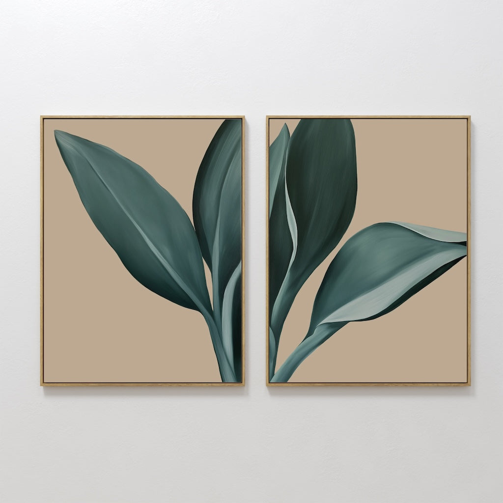 Original hand painted teal dark green botanical leaf oil painting canvas wall art set of 2, nordic scandinavian elegant luxury modern minimalist home
