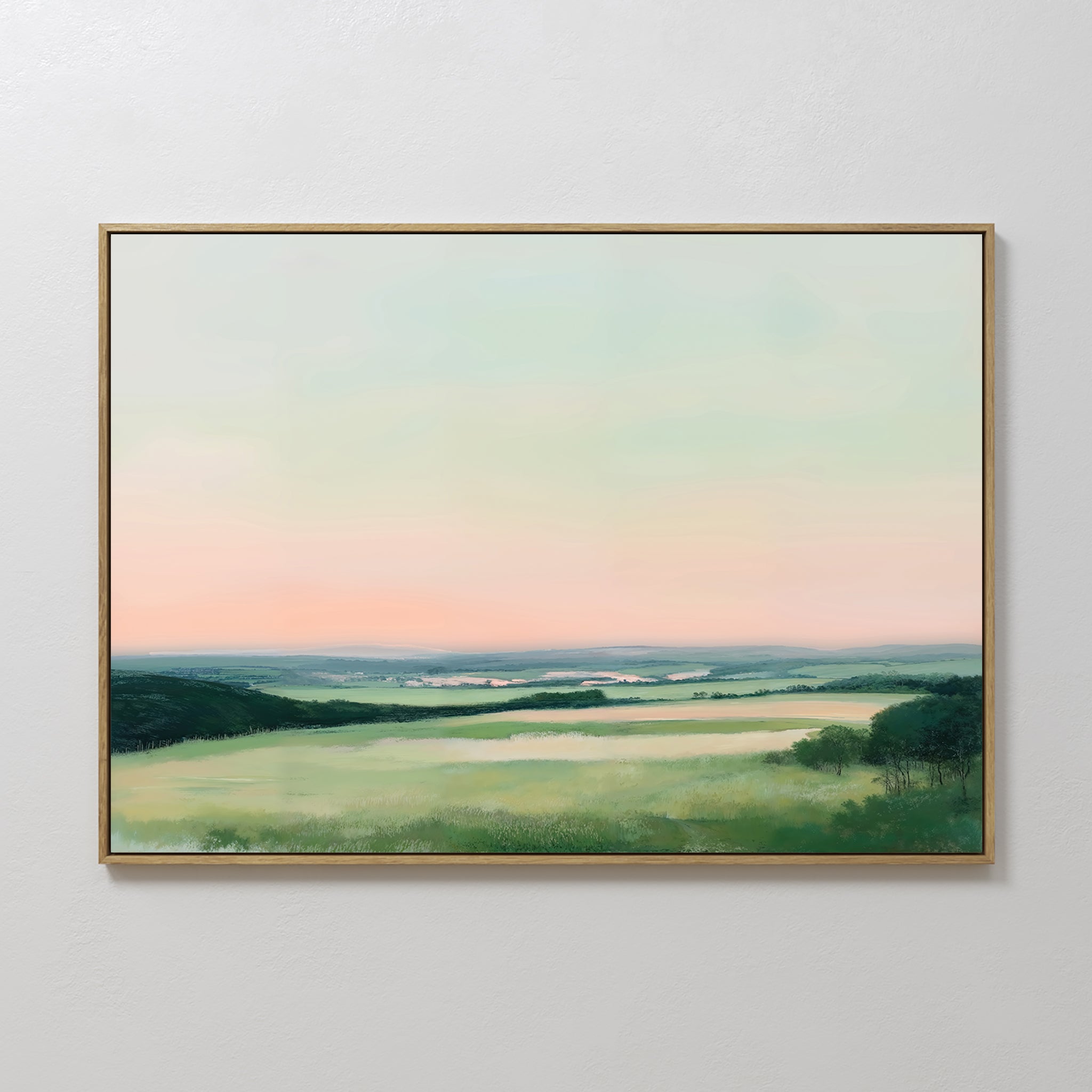 Original hand painted blush pink mint green panoramic valley landscape oil painting canvas wall art, nordic scandinavian elegant luxury modern home de