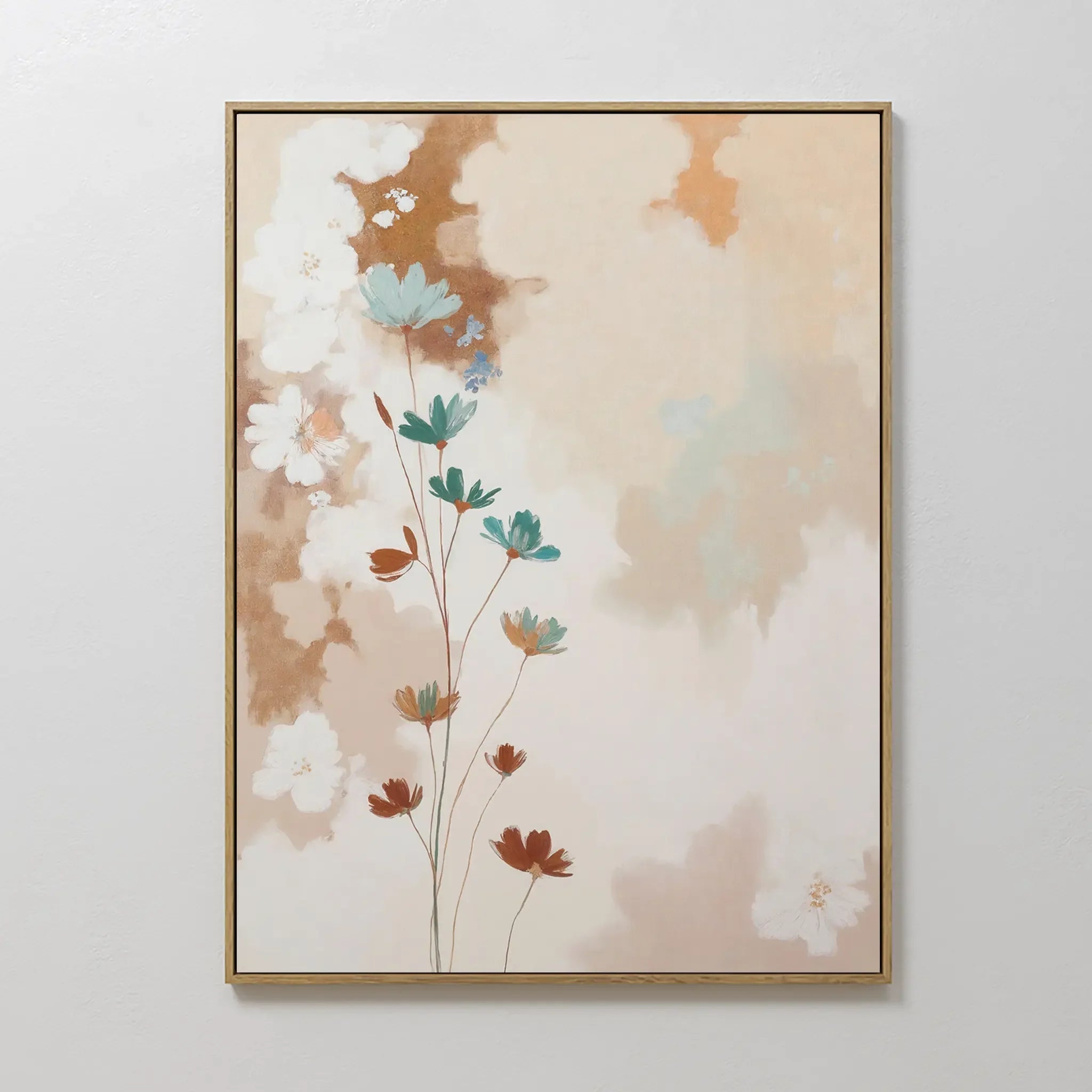Original hand painted teal rust ivory wildflower botanical oil painting canvas wall art, nordic scandinavian elegant luxury minimalist modern home dec