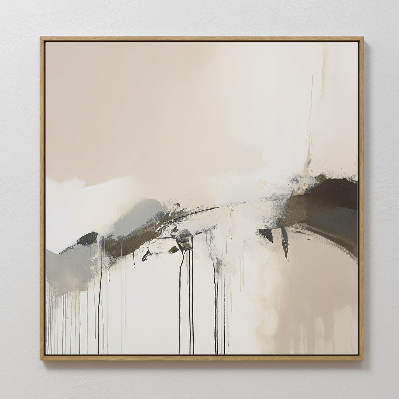 Original hand painted beige ivory black abstract oil painting canvas wall art with dripping brushstrokes, nordic scandinavian elegant luxury modern ho