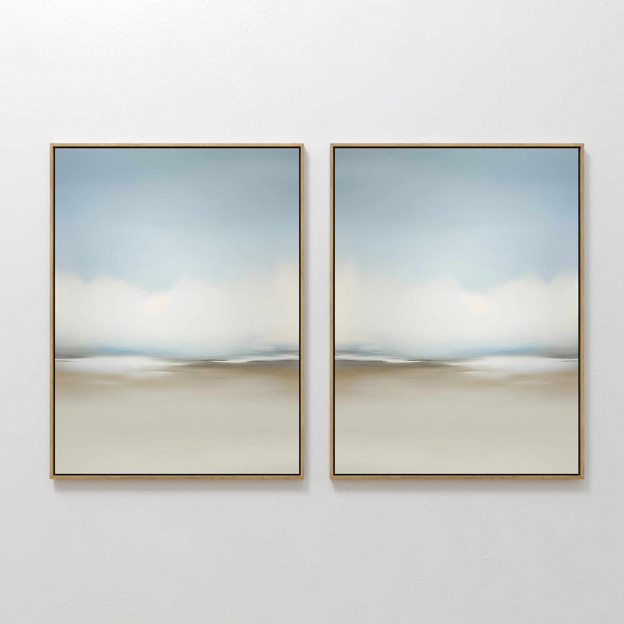 Original hand painted blue ivory beige coastal mist diptych oil painting canvas wall art, nordic scandinavian minimalist elegant luxury modern home de