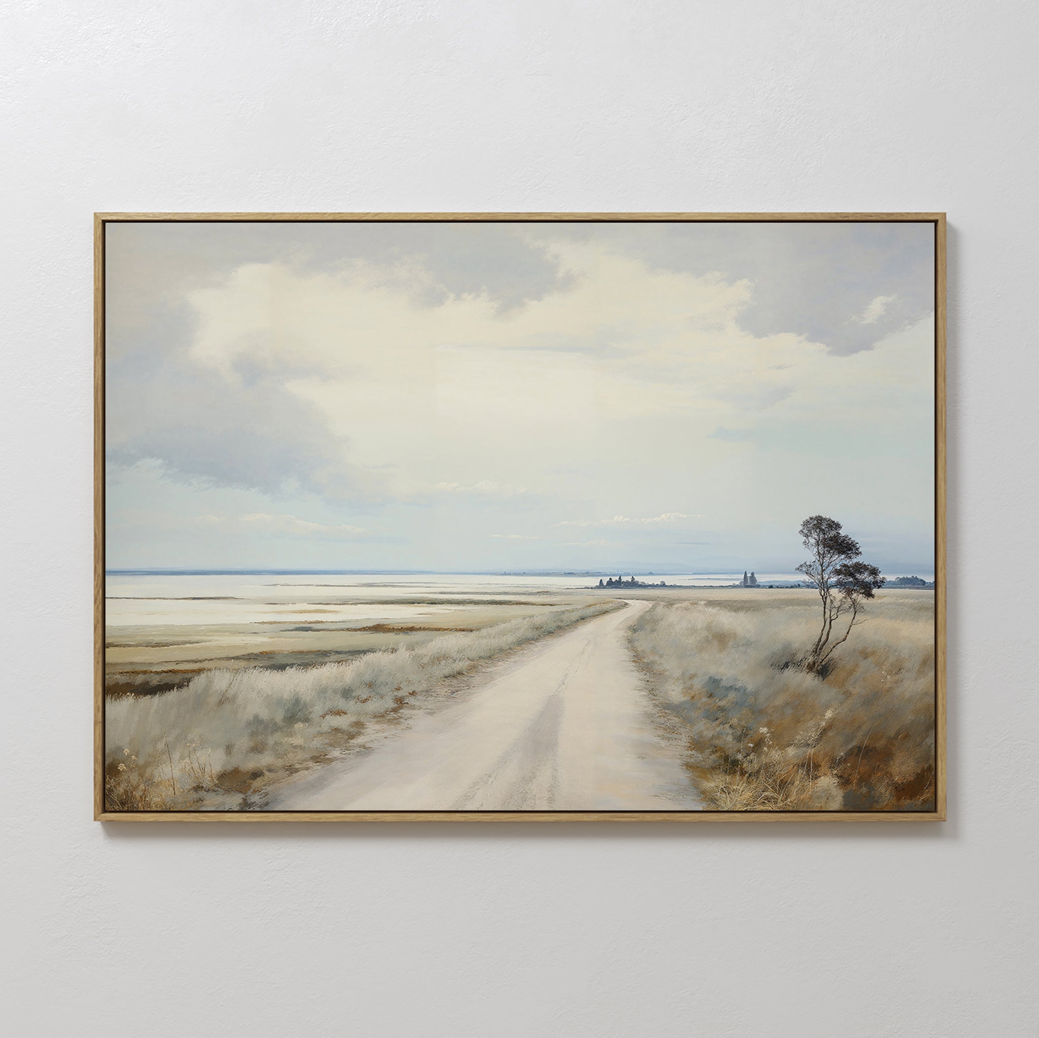 Original hand painted dusty dirt road landscape oil painting canvas wall art, muted beige golden tones, nordic scandinavian elegant luxury modern home