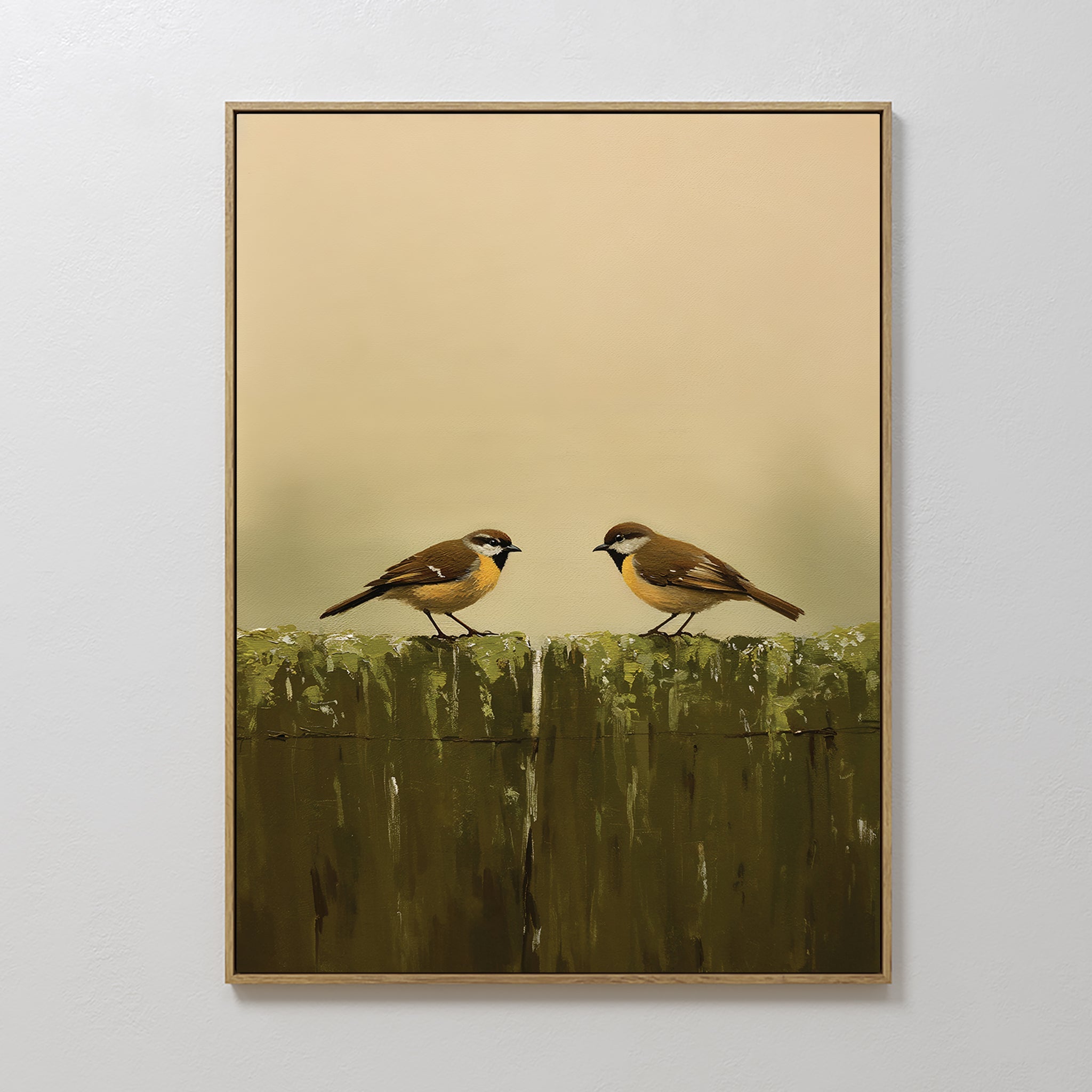 Original hand painted two birds olive green amber oil painting canvas wall art, nordic scandinavian elegant luxury minimalist modern living room home
