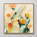Original hand painted orange yellow teal abstract floral oil painting canvas wall art, nordic scandinavian elegant luxury modern living room home deco