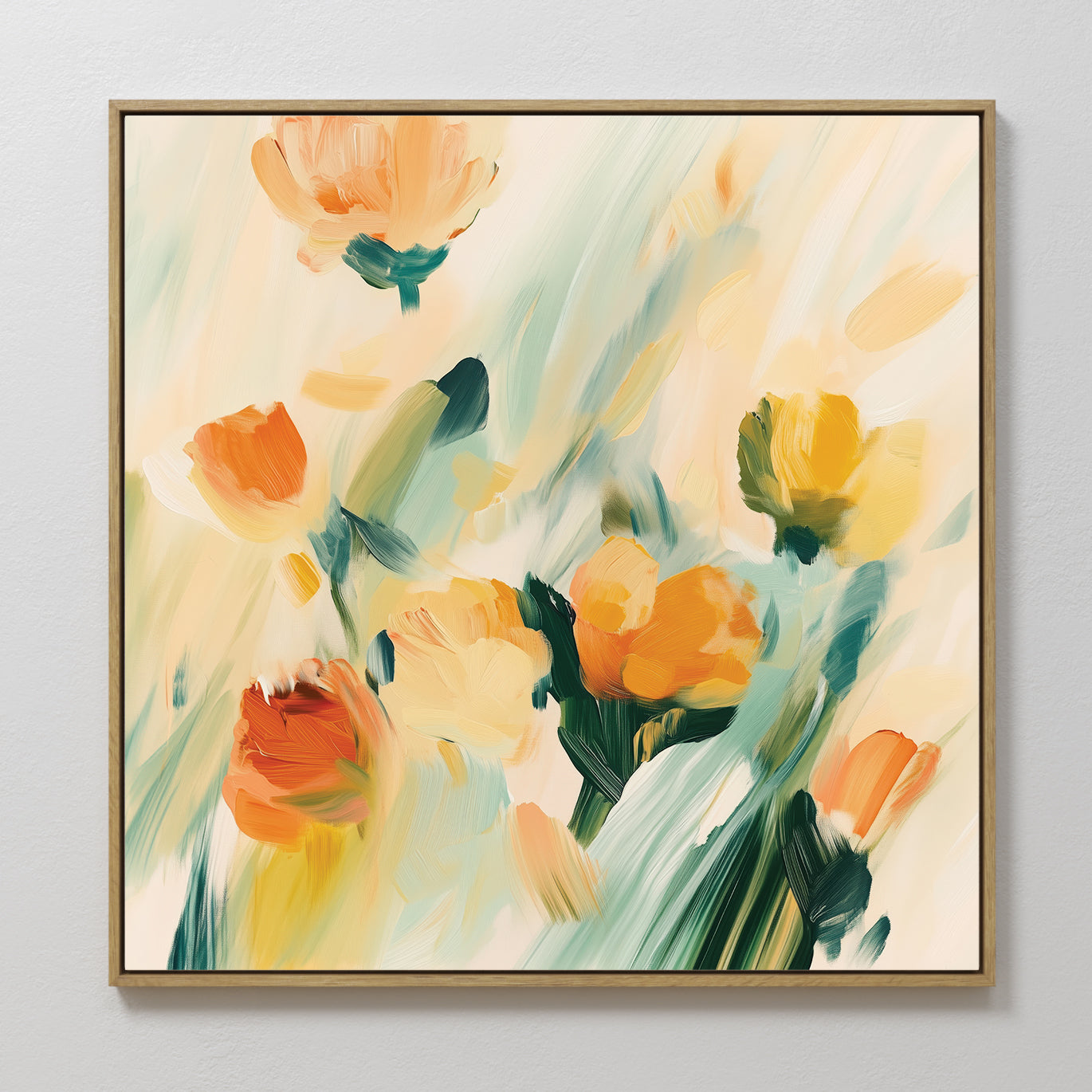 Original hand painted orange yellow teal abstract floral oil painting canvas wall art, nordic scandinavian elegant luxury modern living room home deco