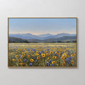 Hand painted original oil painting canvas wall art golden yellow blue wildflower meadow mountain landscape, elegant luxury modern nordic scandinavian