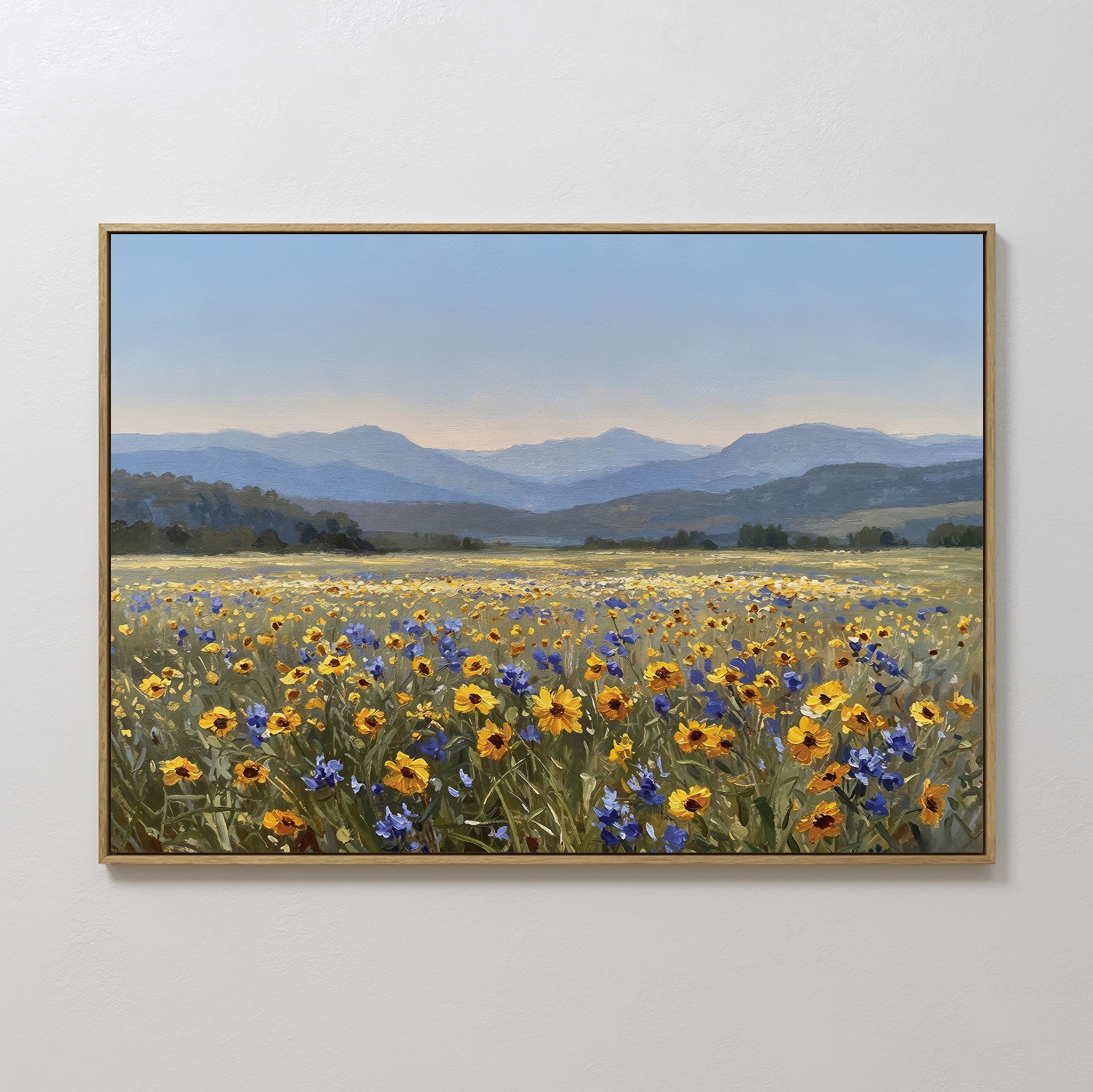 Hand painted original oil painting canvas wall art golden yellow blue wildflower meadow mountain landscape, elegant luxury modern nordic scandinavian