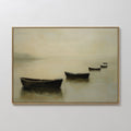 Hand painted original oil painting misty rowboats calm golden sage water canvas wall art nordic scandinavian elegant luxury coastal modern home decor
