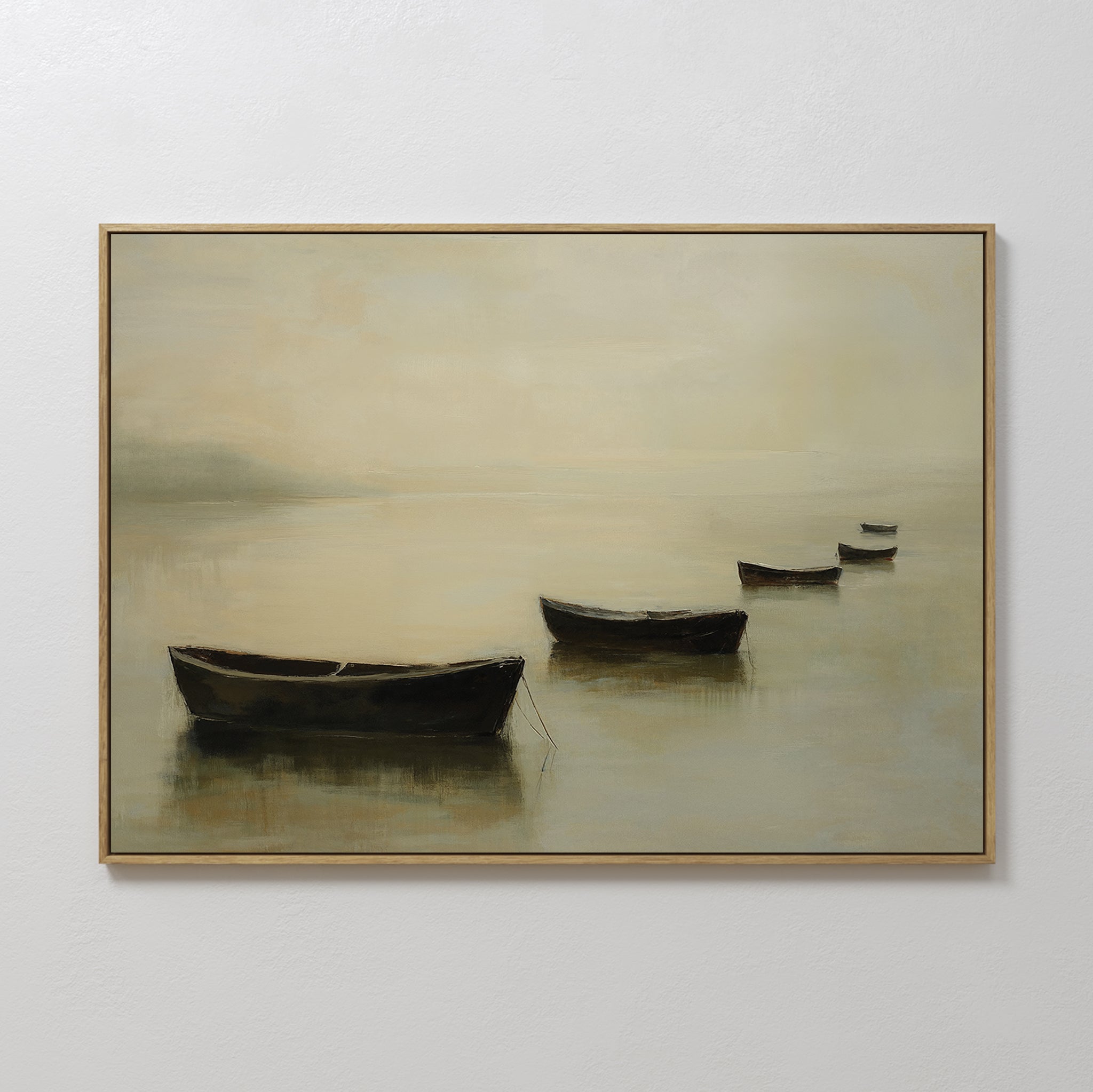 Hand painted original oil painting misty rowboats calm golden sage water canvas wall art nordic scandinavian elegant luxury coastal modern home decor