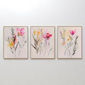 Hand painted original blush pink botanical wildflower oil painting canvas wall art set of 3, nordic scandinavian elegant luxury minimalist modern home