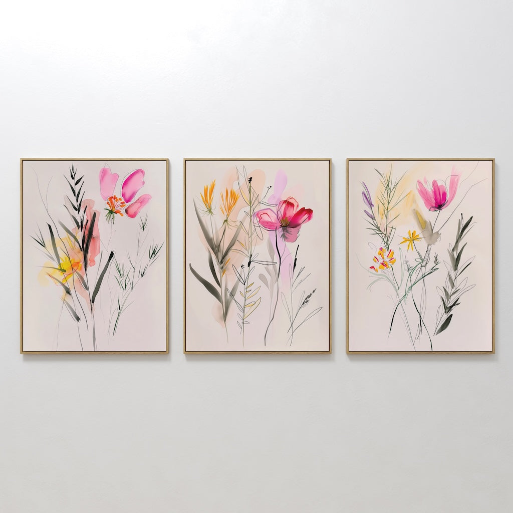 Hand painted original blush pink botanical wildflower oil painting canvas wall art set of 3, nordic scandinavian elegant luxury minimalist modern home