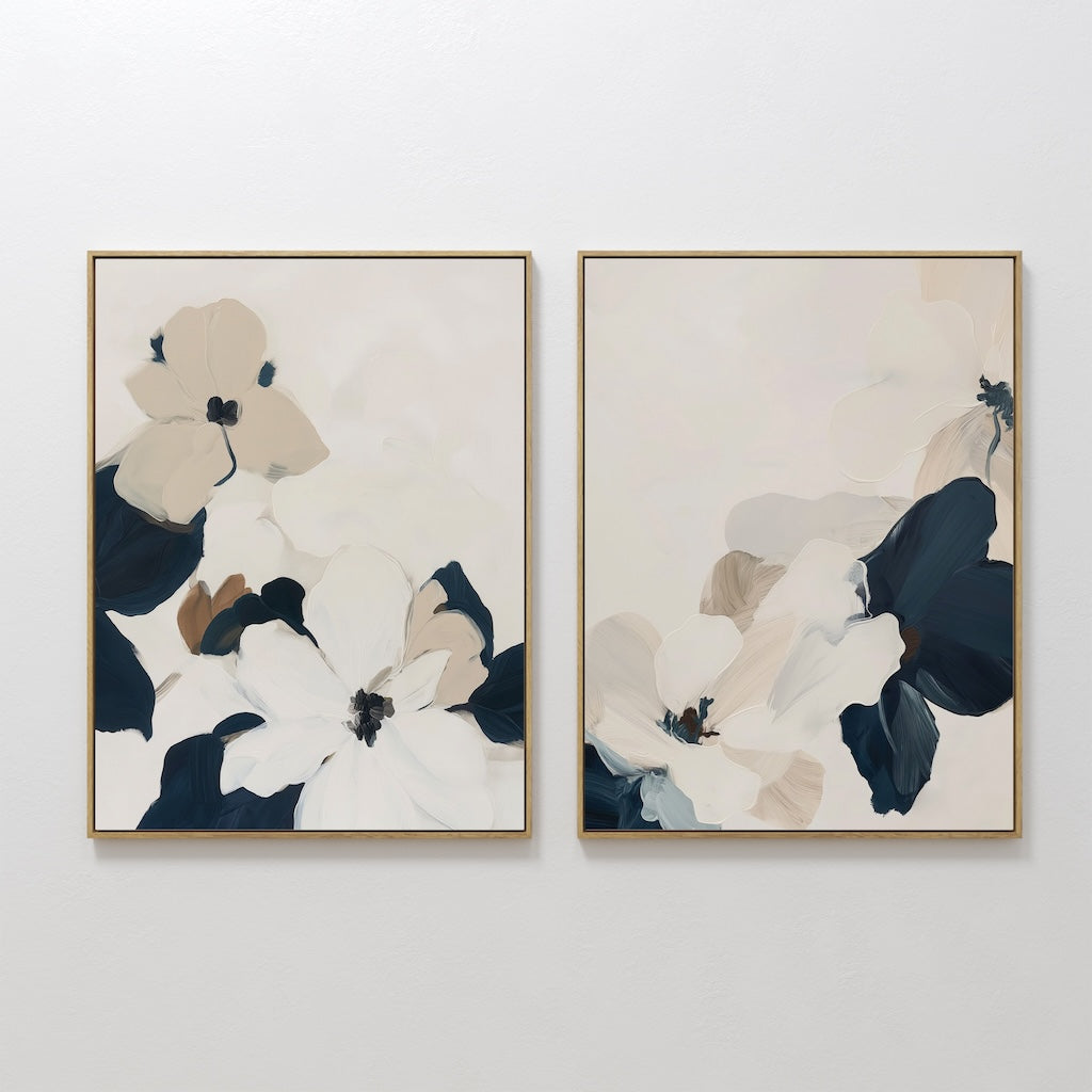 Original hand painted white navy abstract floral diptych oil painting canvas wall art, nordic scandinavian elegant luxury minimalist modern home decor