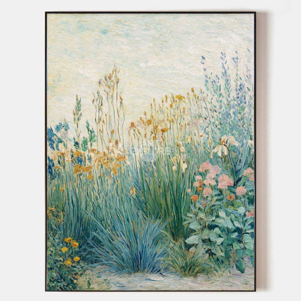 Original hand painted sage green golden iris botanical oil painting canvas wall art, nordic scandinavian elegant luxury vintage modern