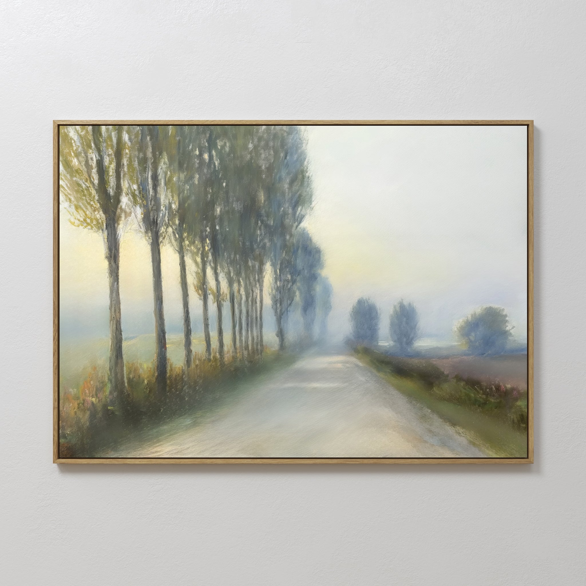 Original hand painted misty country road oil painting canvas, soft blue sage green gold poplar trees fog, nordic scandinavian elegant luxury modern ho