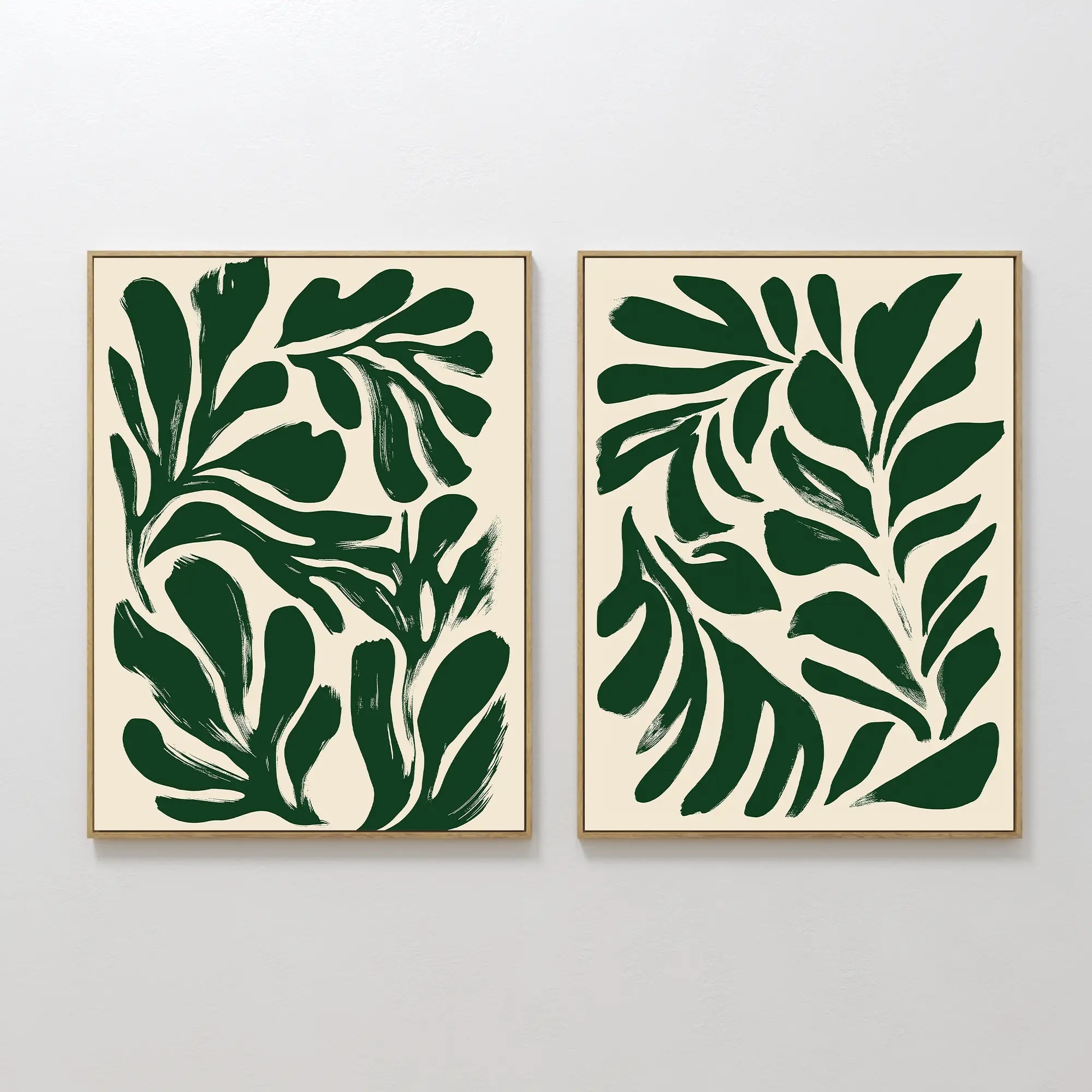 Original hand painted forest green botanical abstract oil painting canvas wall art set of 2, nordic scandinavian elegant luxury modern living room hom