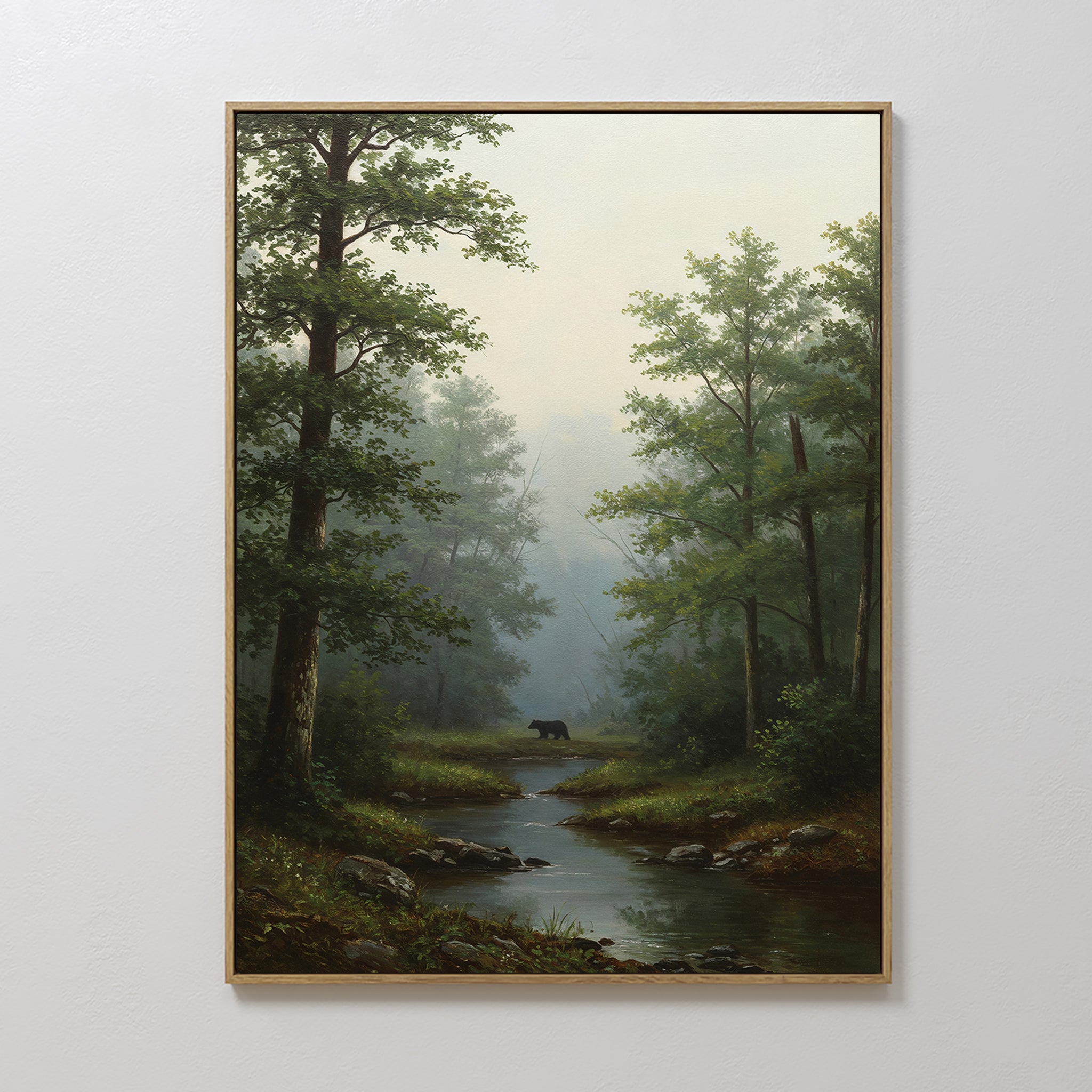 Hand painted original oil painting green misty forest black bear stream canvas wall art nordic elegant luxury modern home decor interior design