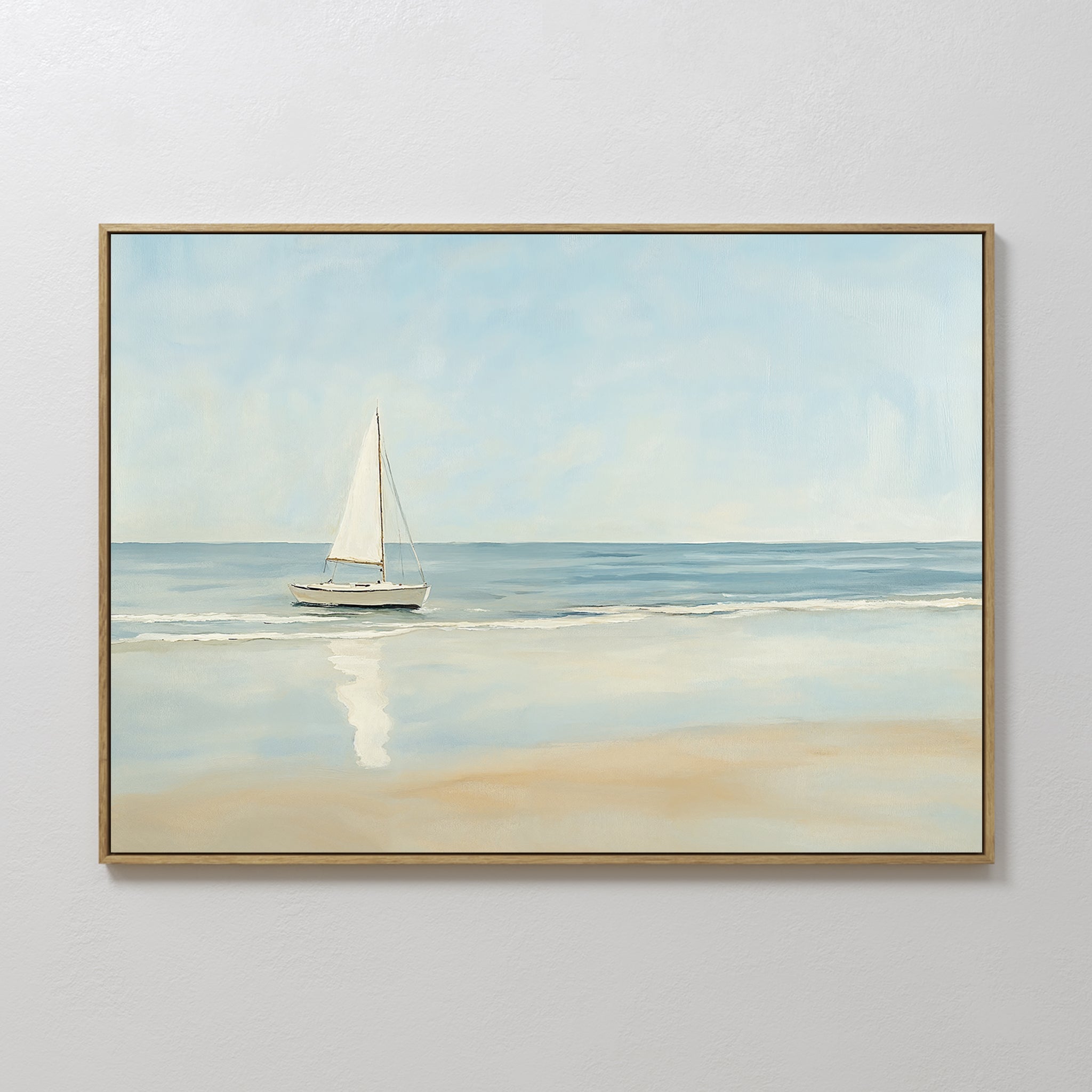 Original hand painted white sailboat blue ocean beige sand oil painting canvas wall art, nordic scandinavian elegant luxury minimalist modern coastal