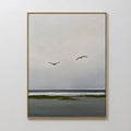 Original hand painted grey green coastal seascape oil painting canvas wall art, two birds in flight, nordic scandinavian minimalist elegant luxury mod