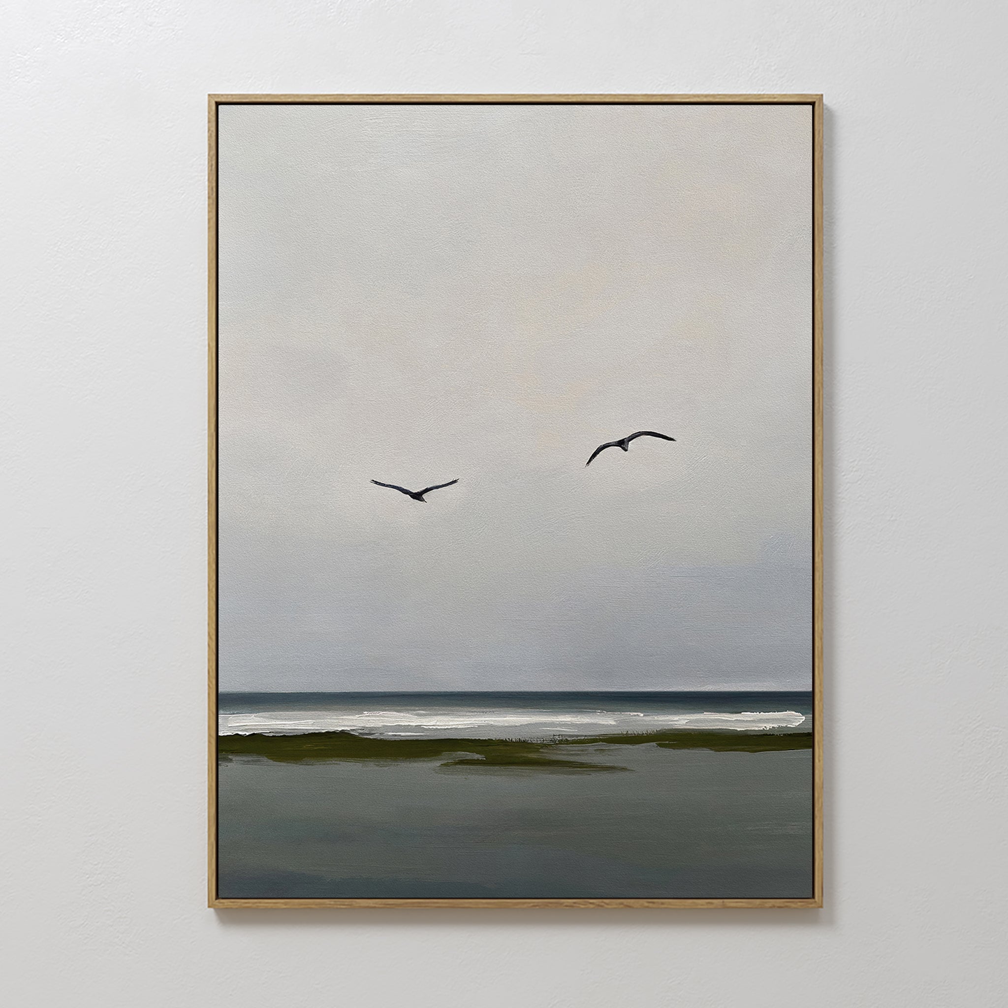 Original hand painted grey green coastal seascape oil painting canvas wall art, two birds in flight, nordic scandinavian minimalist elegant luxury mod