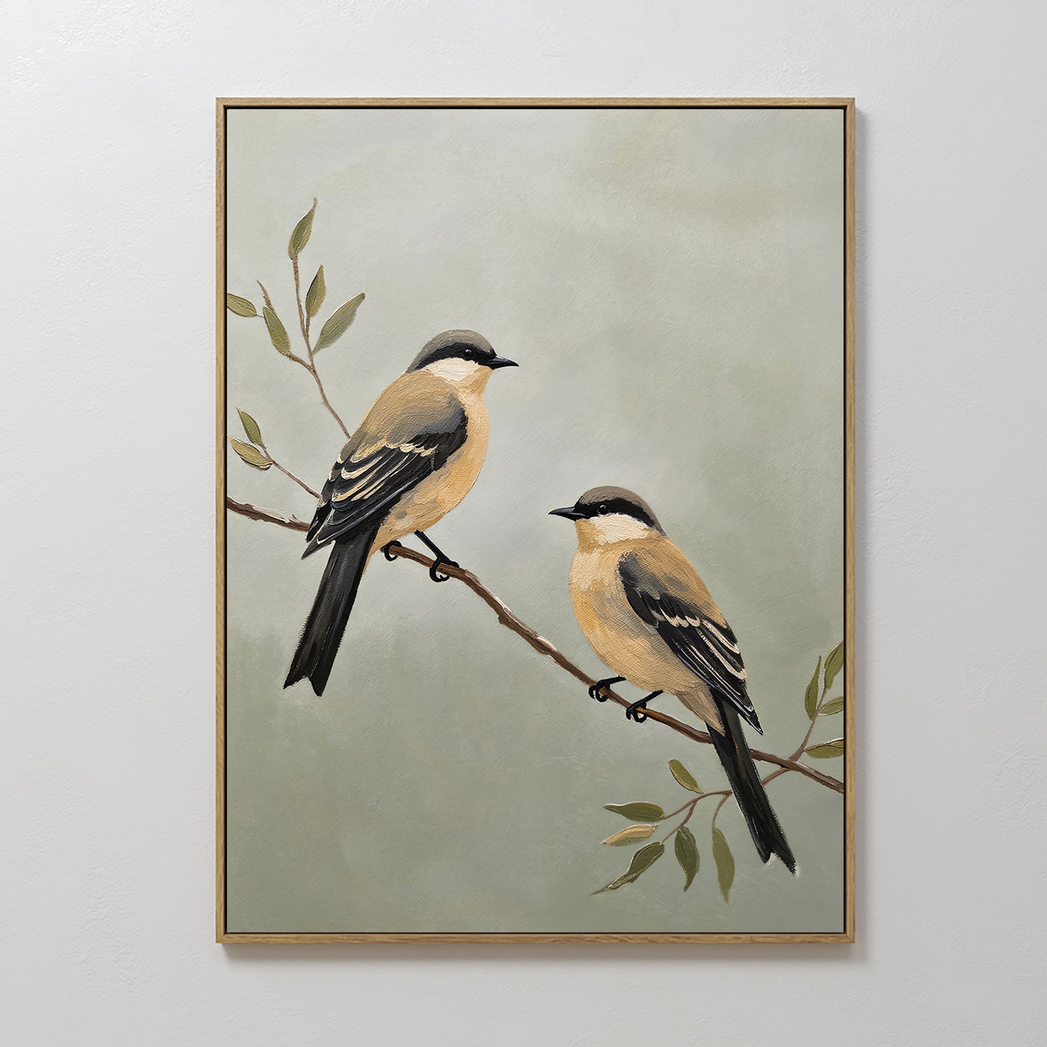 Original hand painted sage green bird pair oil painting canvas wall art, nordic scandinavian elegant luxury minimalist modern living room home decor i