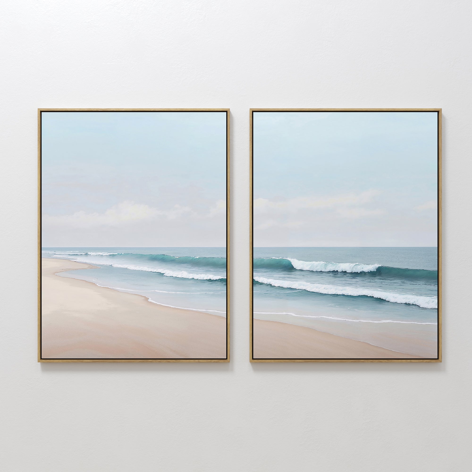 Original hand painted teal ocean waves blush sand coastal oil painting set of 2 canvas wall art, nordic scandinavian elegant luxury modern home decor