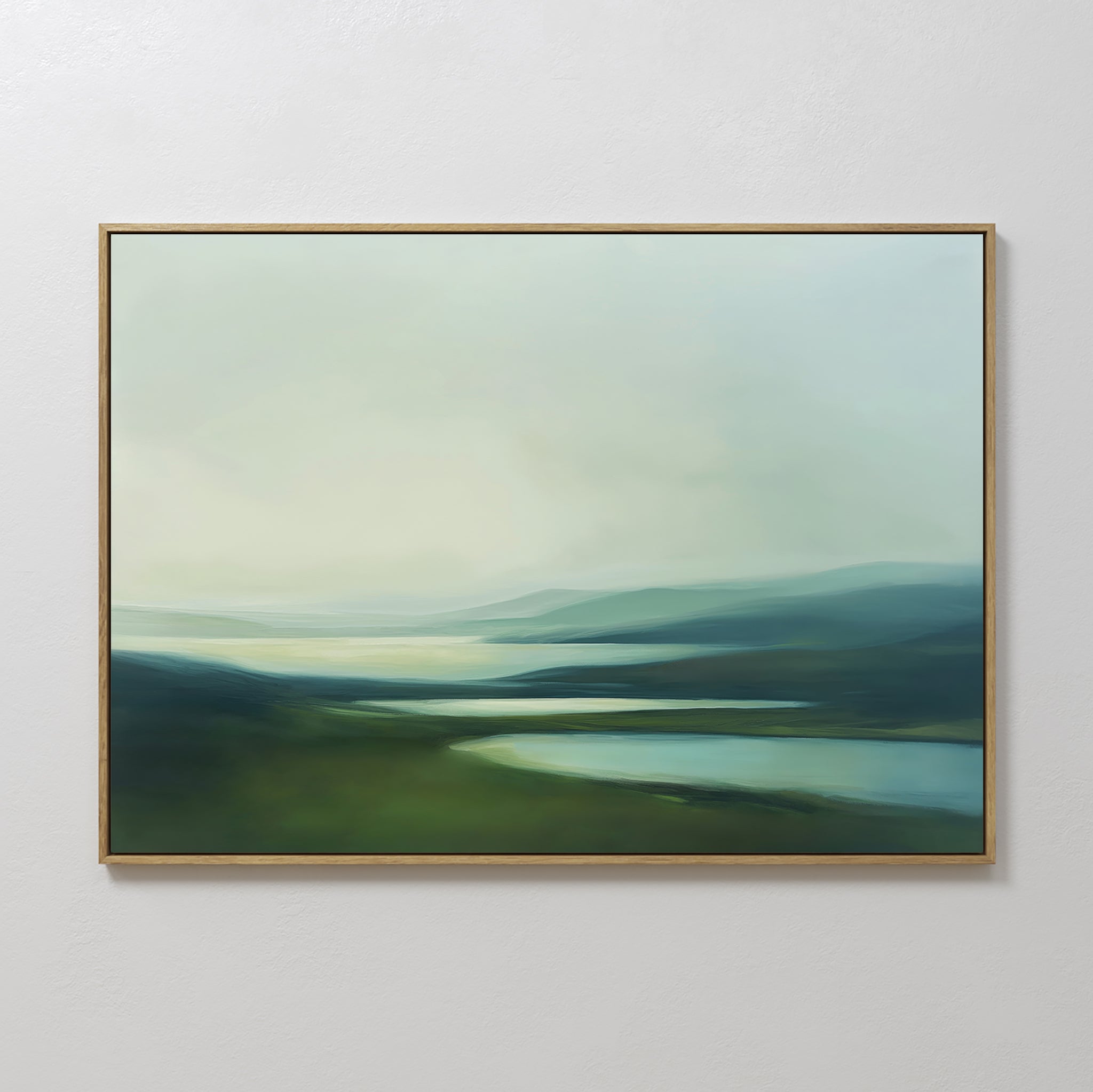 Original hand painted green teal misty valley landscape oil painting canvas wall art, nordic scandinavian elegant luxury modern living room home decor