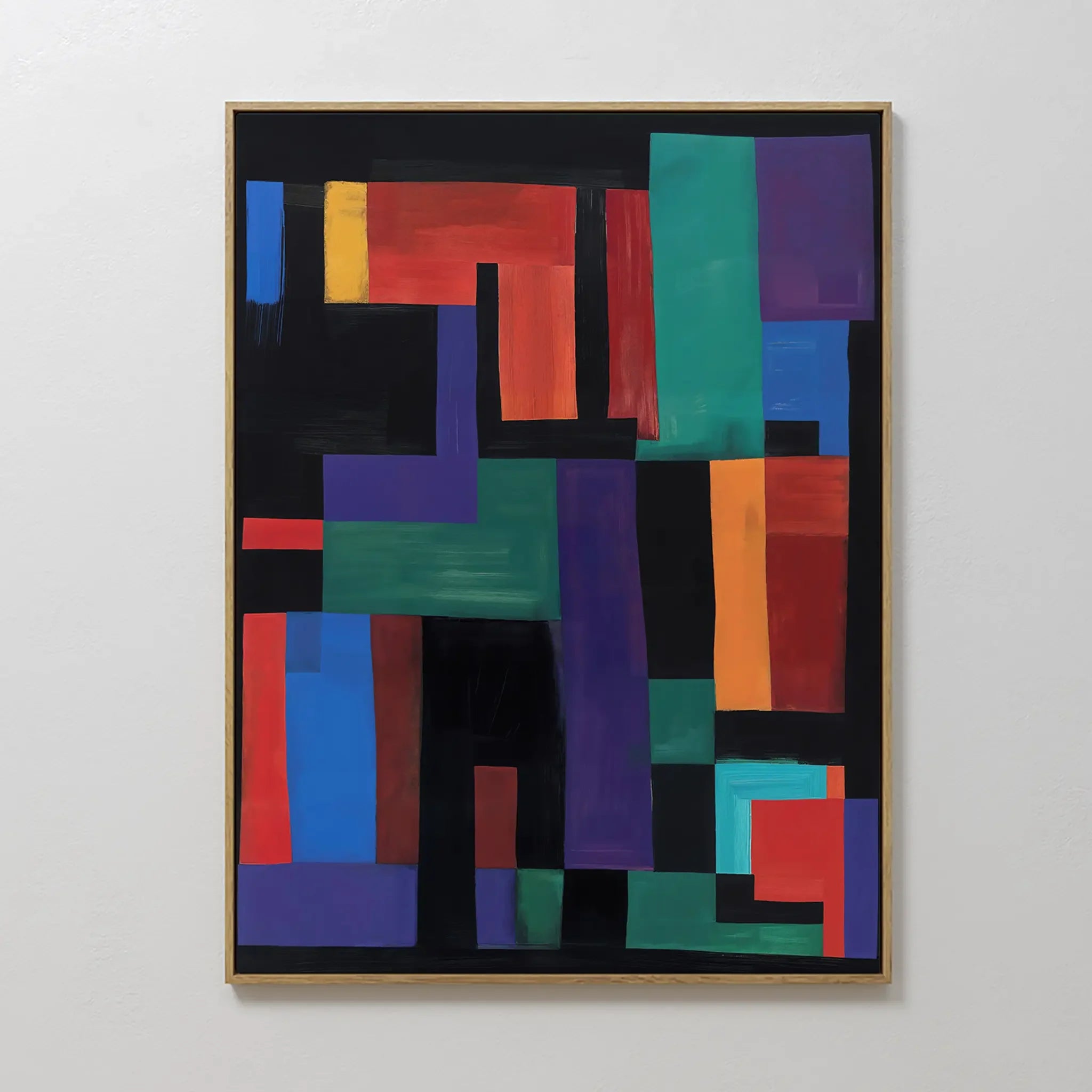 Original hand painted black geometric abstract oil painting canvas wall art bold teal red purple blue blocks nordic modern elegant luxury home decor i