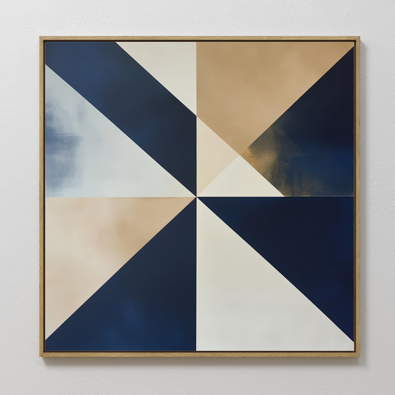 Original hand painted navy blue gold cream geometric triangle oil painting canvas wall art, nordic scandinavian elegant luxury modern living room home