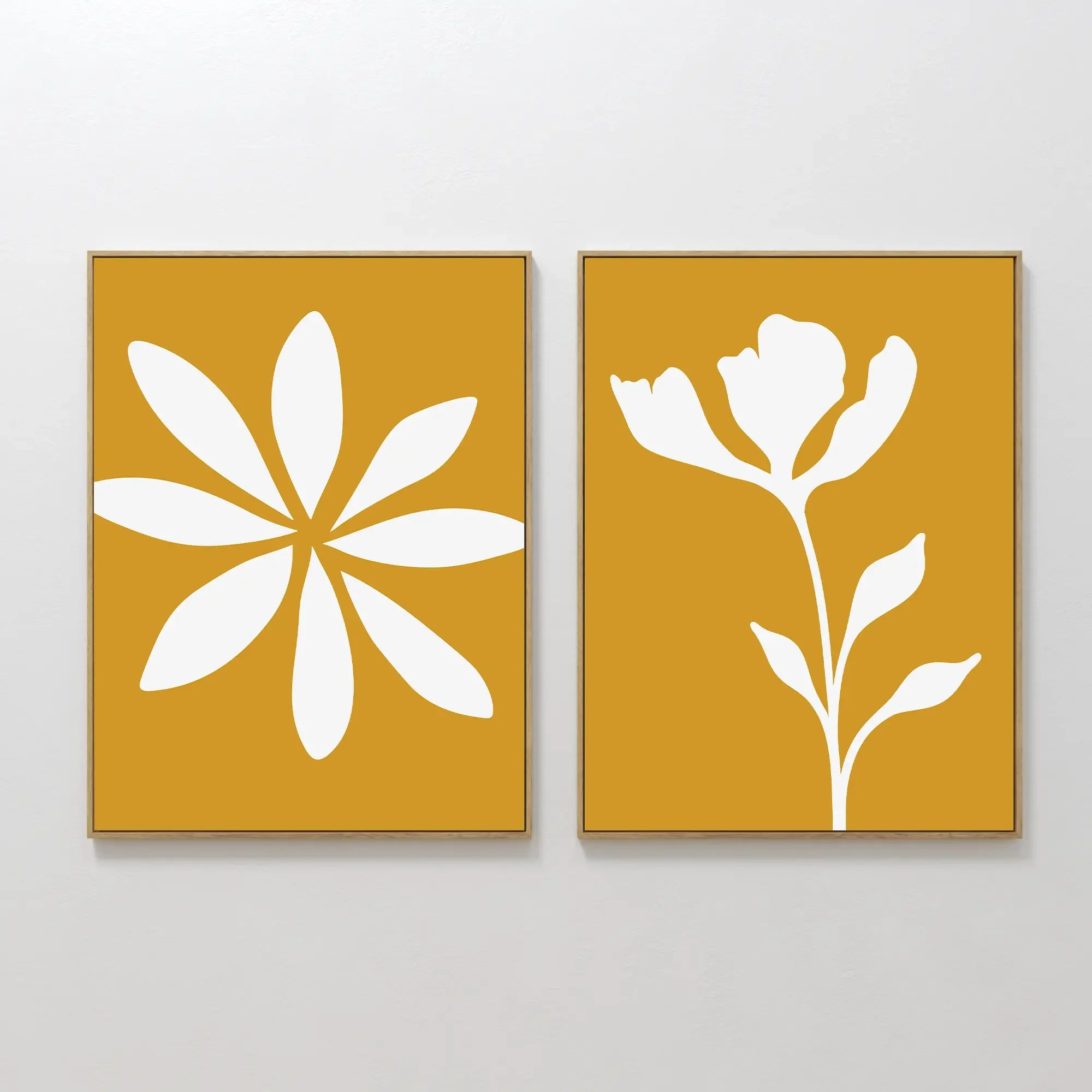 Original hand painted ochre white botanical silhouette oil painting canvas wall art set, nordic scandinavian minimalist elegant luxury modern home dec