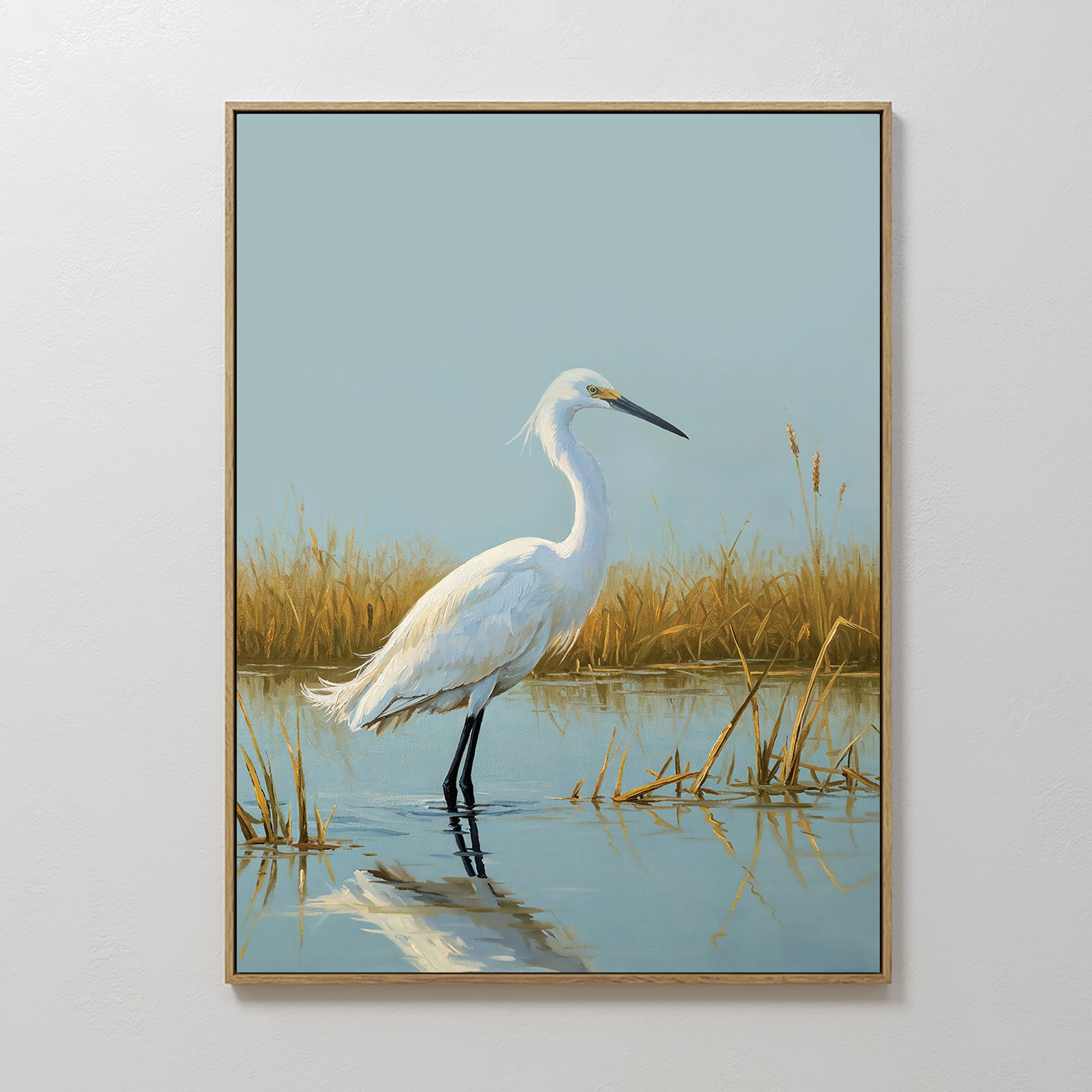Original hand painted white egret blue marsh oil painting canvas wall art, nordic scandinavian elegant luxury modern coastal home decor interior desig