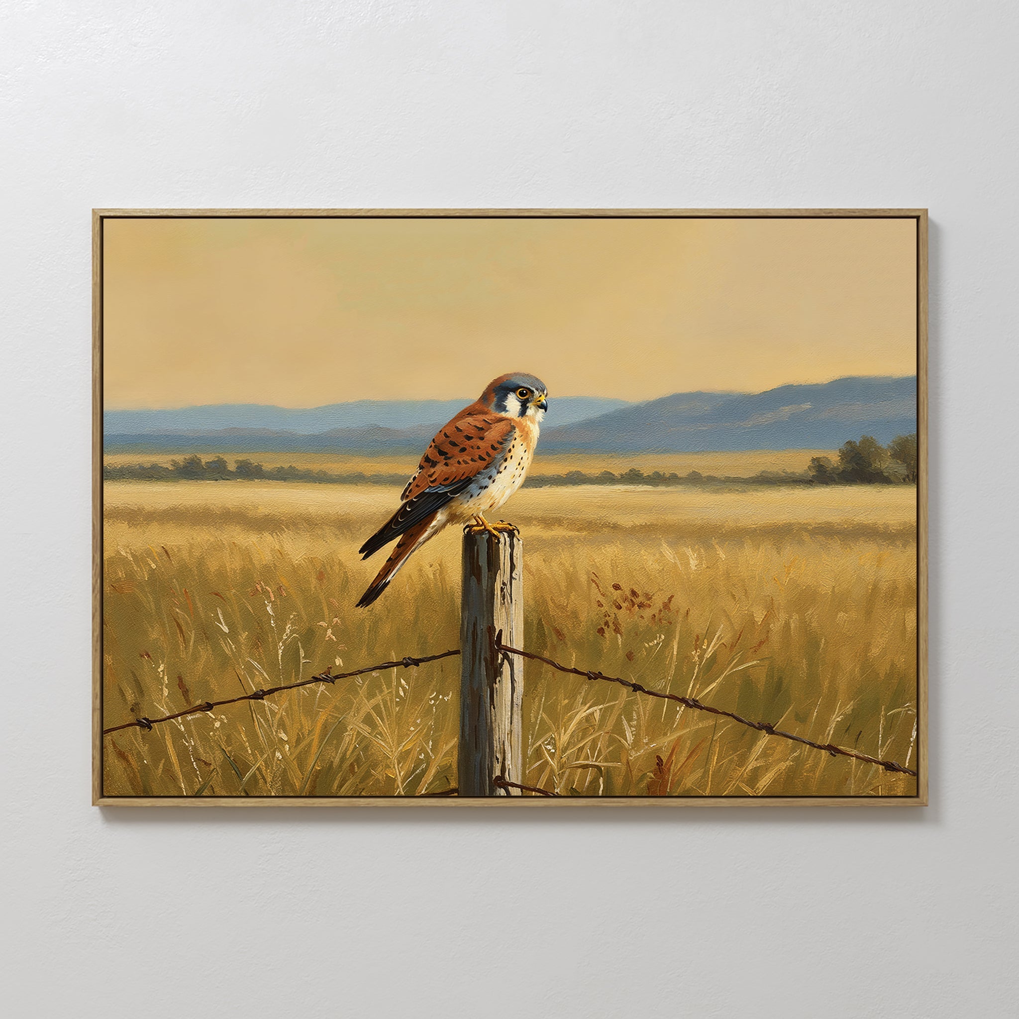 Original hand painted golden brown kestrel falcon oil painting canvas wall art, rustic elegant luxury modern farmhouse nordic scandinavian home decor