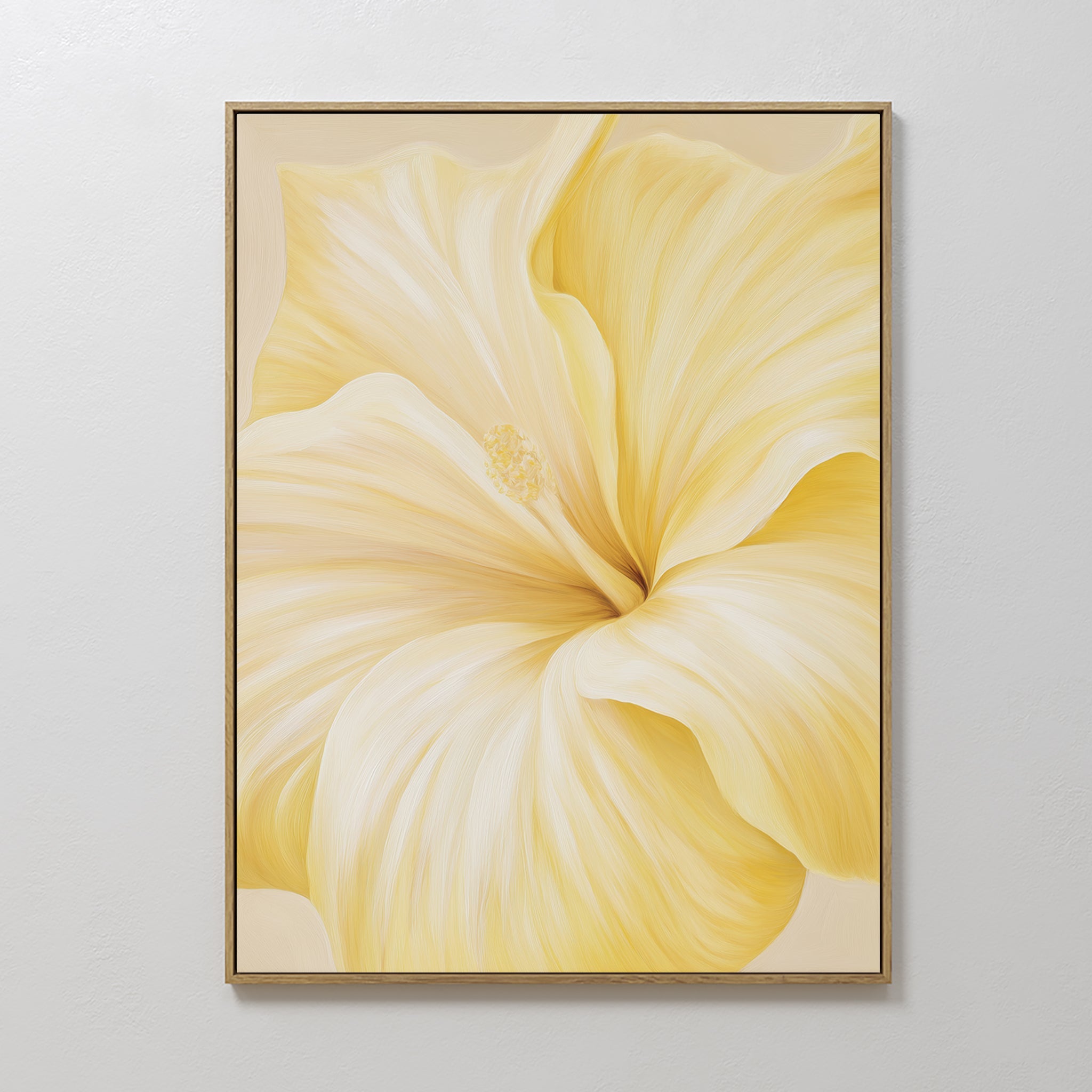 Original hand painted soft yellow cream hibiscus flower oil painting canvas wall art, nordic scandinavian elegant luxury modern home decor interior de