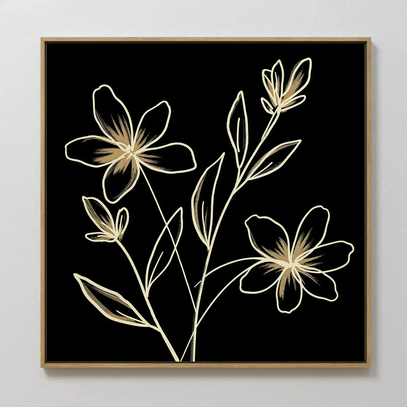 Hand painted original black gold botanical floral oil painting canvas wall art, nordic scandinavian elegant luxury minimalist modern living room home