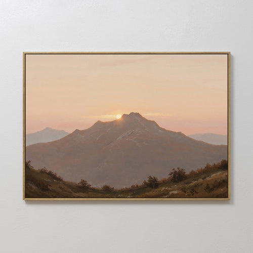 Original hand painted amber peach mountain sunset oil painting canvas wall art, nordic scandinavian elegant luxury modern living room home decor inter
