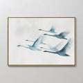 Hand painted original blue white flying swans oil painting canvas wall art, nordic scandinavian elegant luxury minimalist modern living room home deco