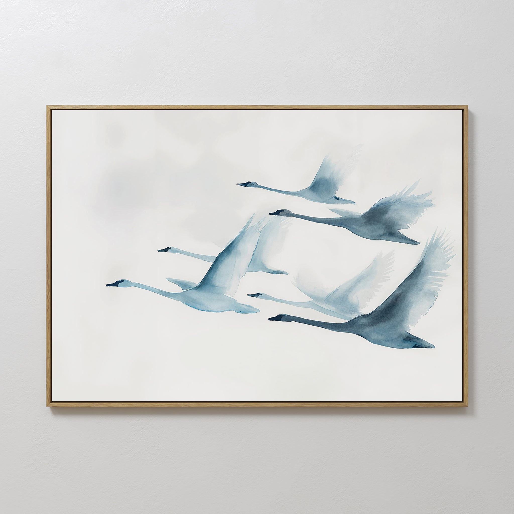 Hand painted original blue white flying swans oil painting canvas wall art, nordic scandinavian elegant luxury minimalist modern living room home deco
