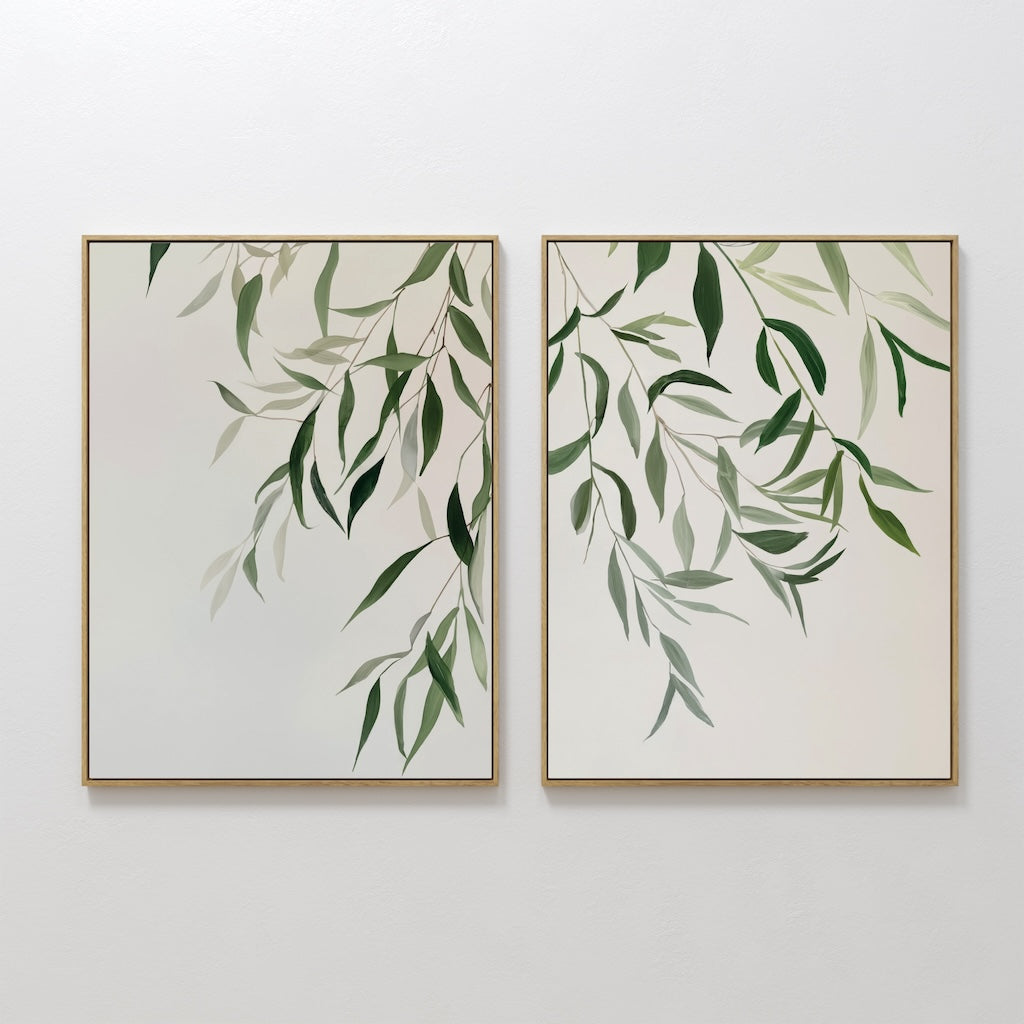 Original hand painted sage green botanical willow leaf oil painting canvas wall art set, nordic scandinavian elegant luxury minimalist modern living r