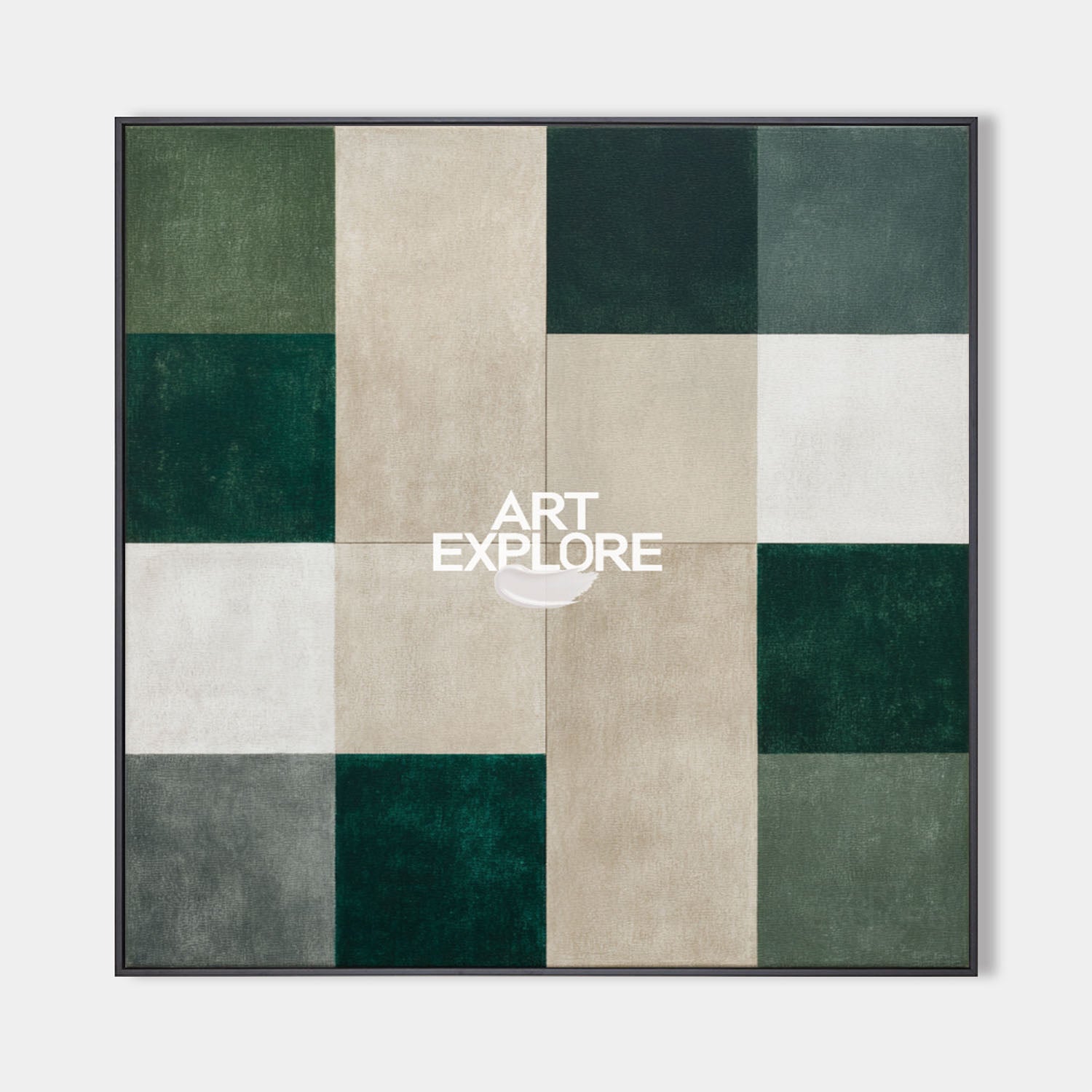 Original hand painted emerald sage geometric oil painting canvas wall art, nordic scandinavian minimalist elegant luxury modern living