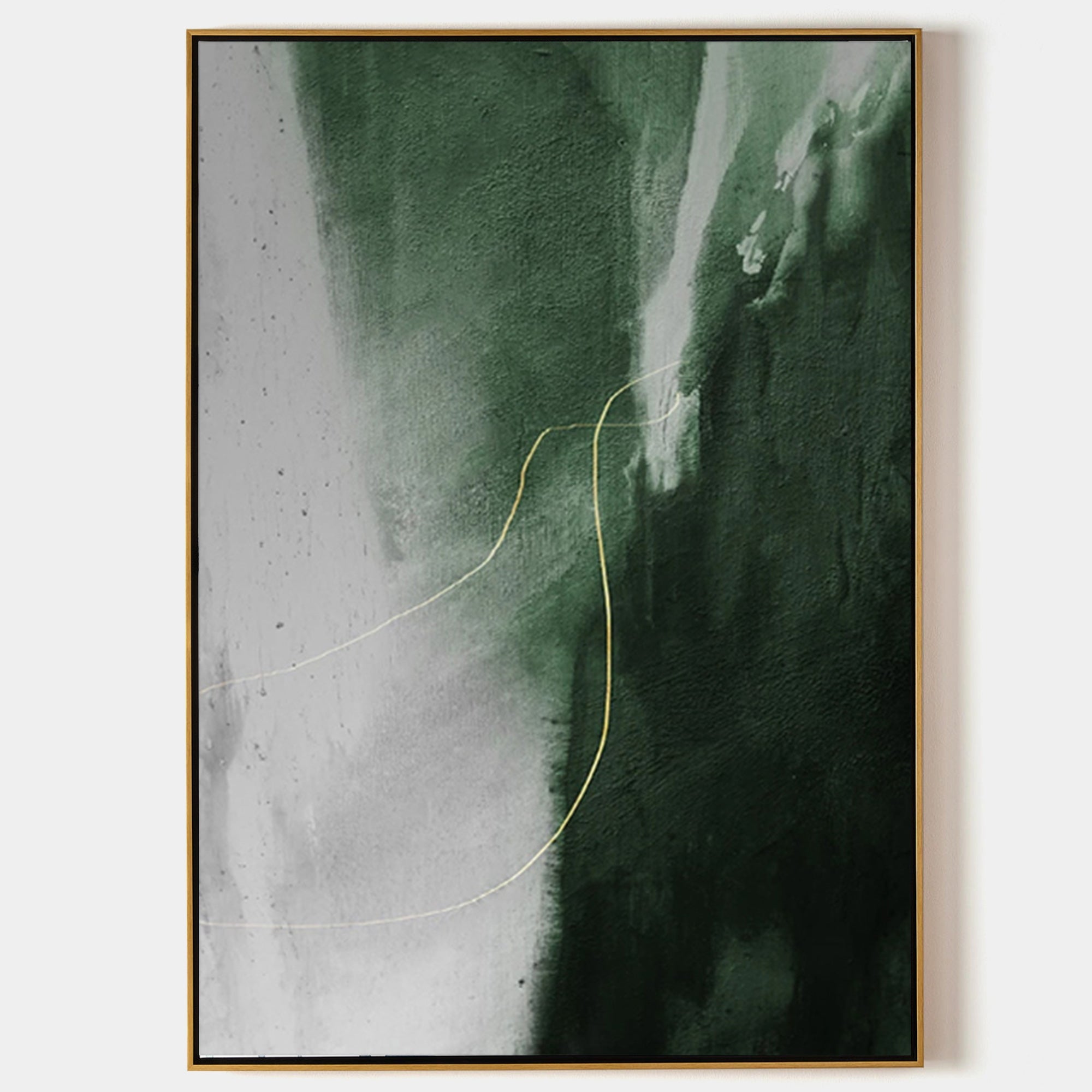 Original hand painted deep emerald green grey abstract oil painting canvas wall art, gold line detail nordic scandinavian minimalist el