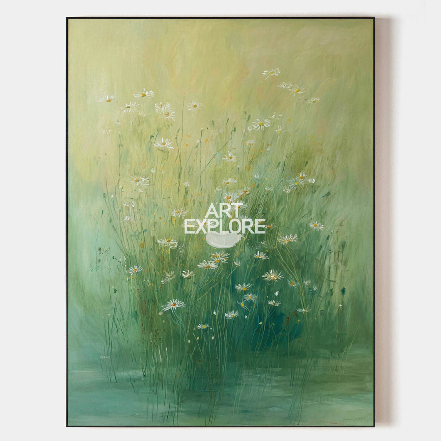 Original hand painted sage green daisy meadow oil painting canvas wall art, nordic scandinavian elegant luxury modern botanical home de