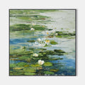Original hand painted green water lily pond oil painting canvas wall art, elegant luxury modern scandinavian botanical living room home