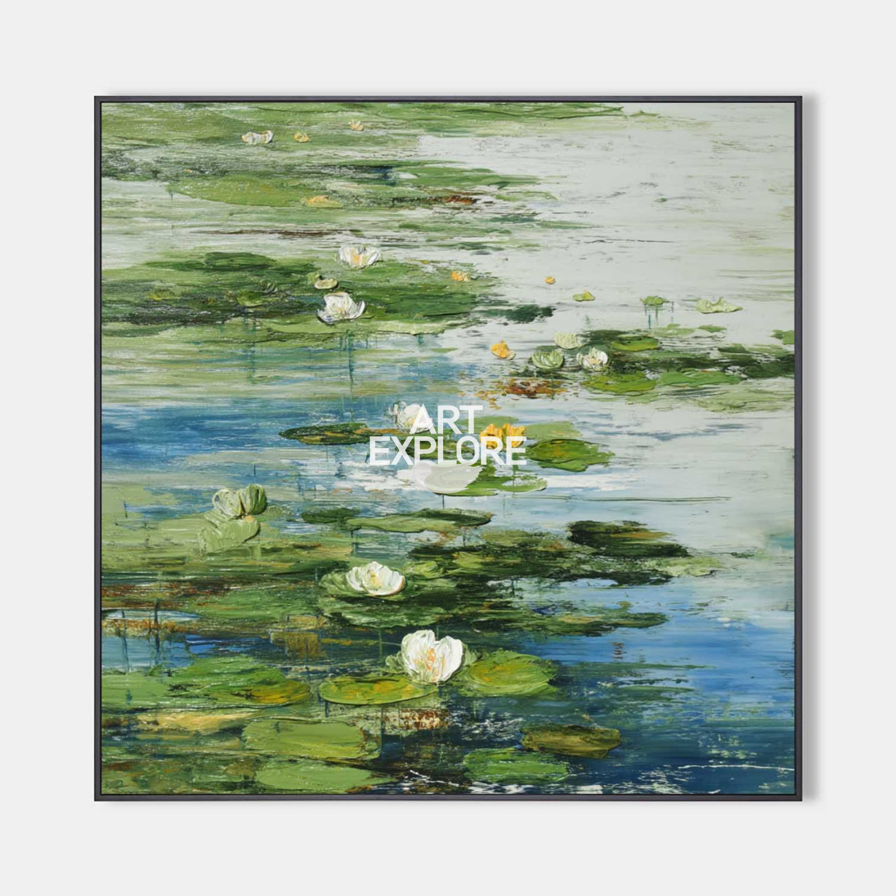 Original hand painted green water lily pond oil painting canvas wall art, elegant luxury modern scandinavian botanical living room home